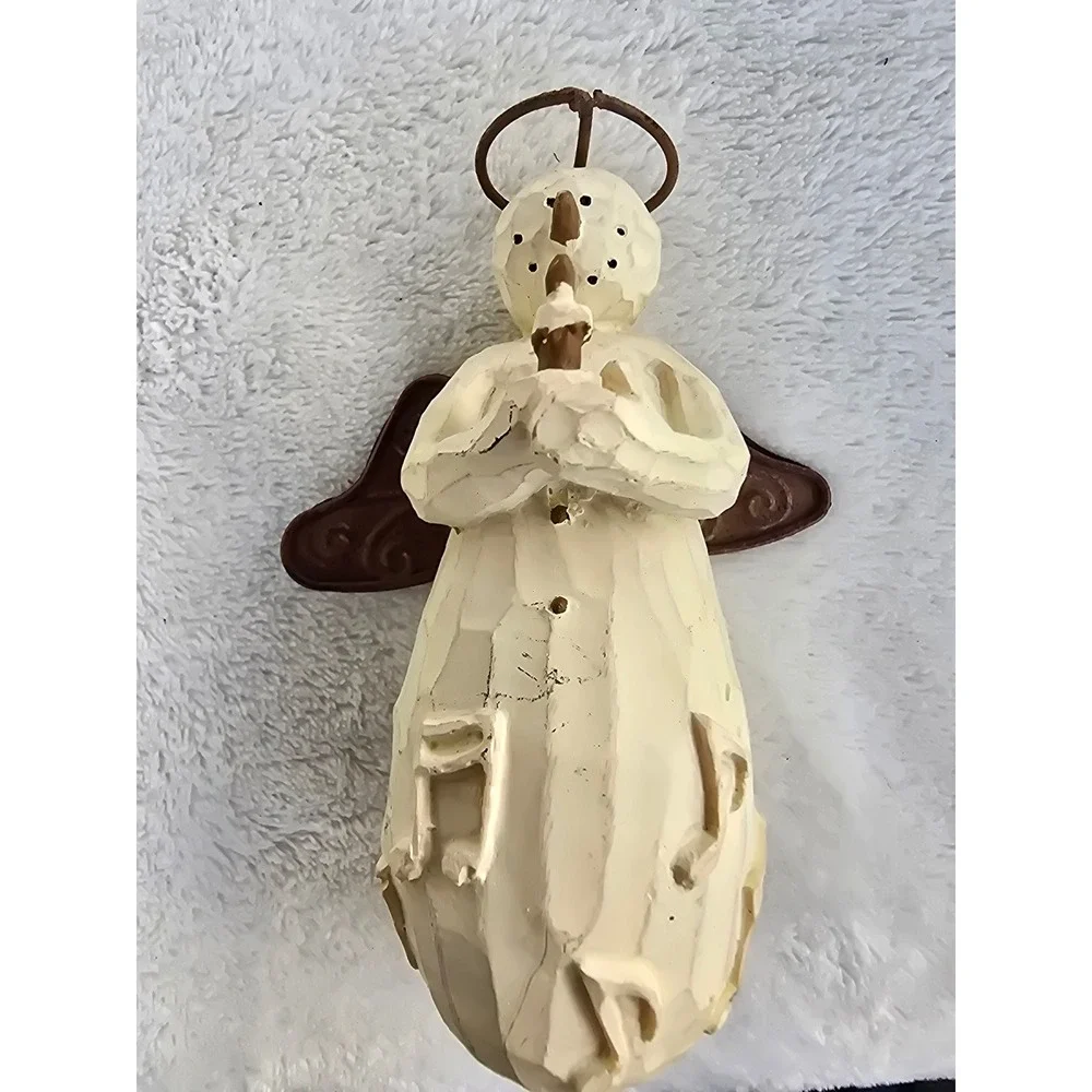 Rustic Snowman Angel Figurine with Metal Wings and Musical Notes Cream 6 inch